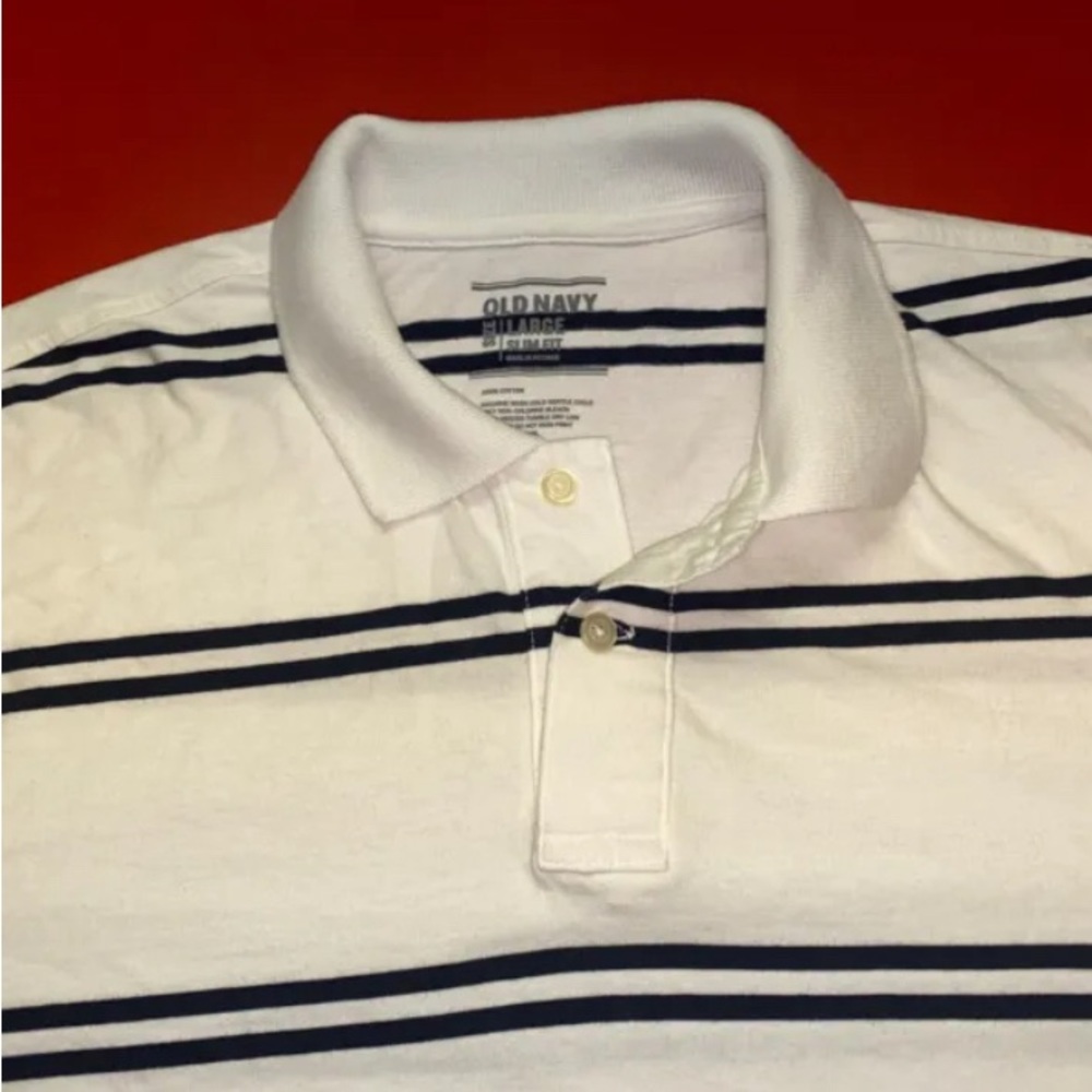 OLD NAVY Men's Polo Shirt Top Large L White Blue Striped Short‎ Sleeve